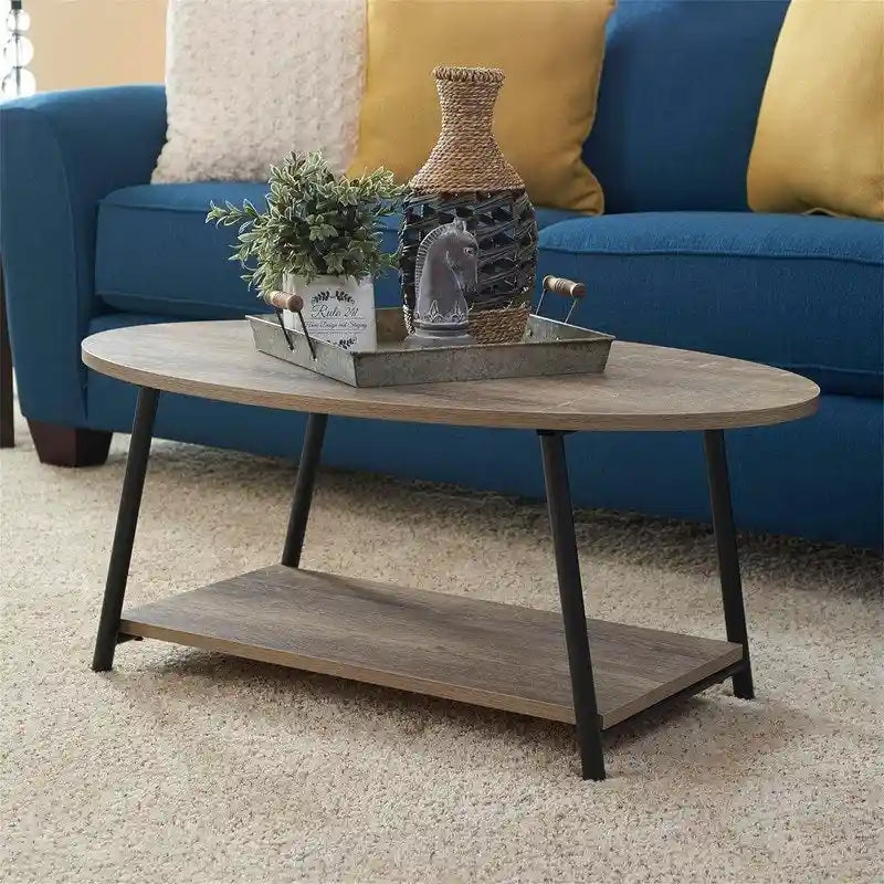 Table basse rustique ovale avec étagère de rangement