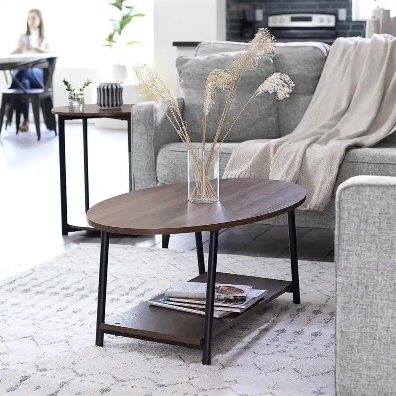 Table basse rustique ovale avec étagère de rangement