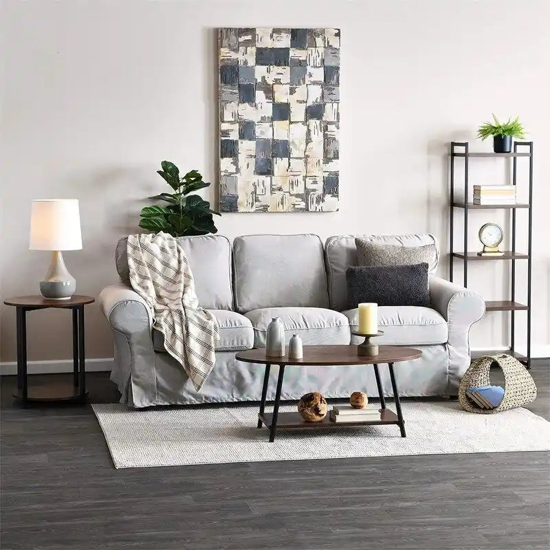 Table basse rustique ovale avec étagère de rangement